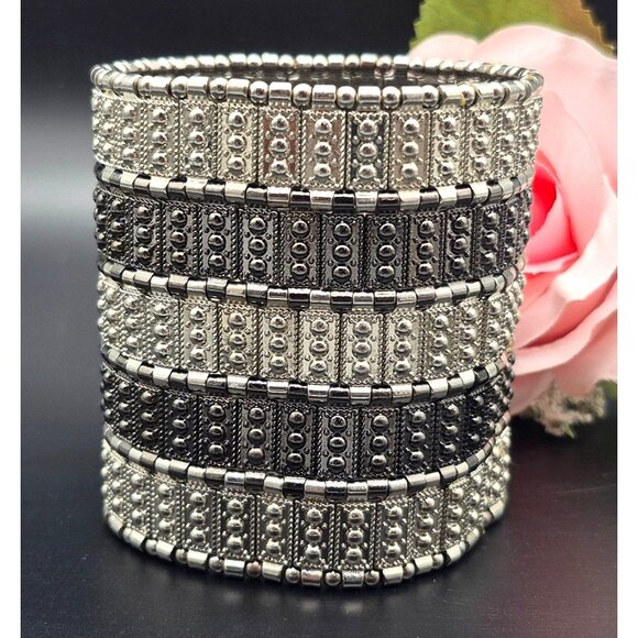 Wide Bracelet Chunky Silver & Black Tone Stretch One Size Rocker Punk - Picture 4 of 6